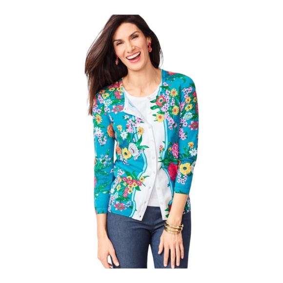 Talbots Sweaters - TALBOTS Charming Cardigan Blossoms Womens L Large Crew Neck 3/4 Sleeve NWOT